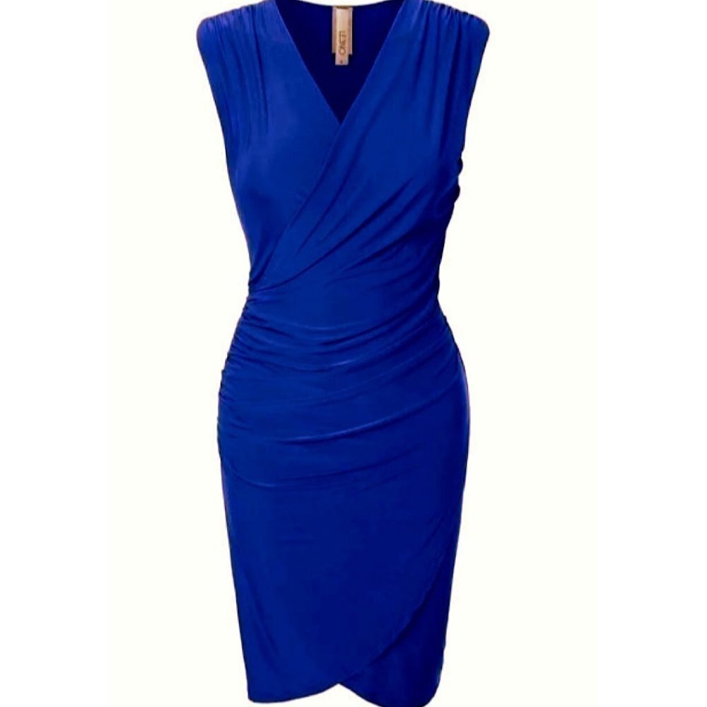 2SABLE ROYAL BLUE SLVLS BODYCON FAUX WRAP DRESS L